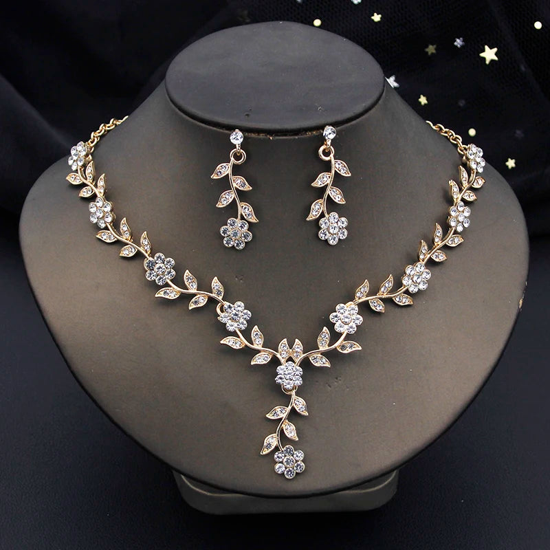 Rhinestones Flower Choker Necklace Earrings Set for women bridal Wedding Party Jewelry Set Fashion