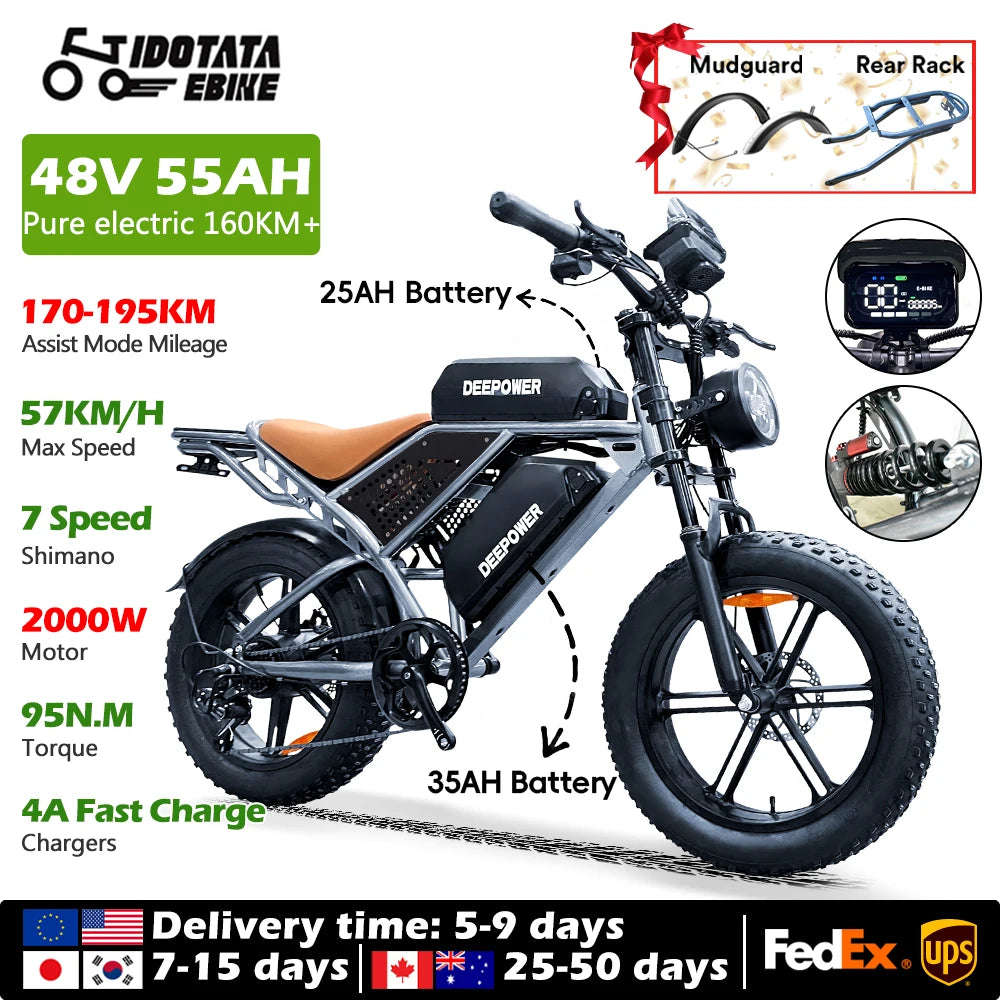 Bicicleta eléctrica IDOTATA-S7 para adultos, batería doble, 48 V, 70 Ah, 20 pulgadas, neumáticos anchos 4.0, bicicleta eléctrica para nieve y montaña, 2000 W