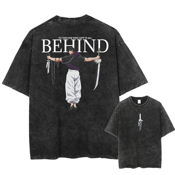 Men Streetwear Washed Acid Oversized T Shirt Japanese Anime Retro Worn Graphic Print T-Shirt Summer Cotton Short Sleeve Tees