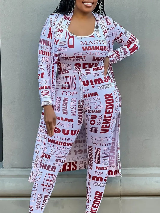 LW Plus Size Autumn Winter 2 Piece Sets Women Outfit Cami Pattern U Neck Long Sleeve Drawstring Three Piece Skinny Pants Set
