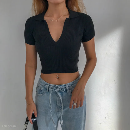 Polos ITOOLIN pour femmes, t-shirt en tricot à manches courtes, uni, côtelé, col en V, court, uni, slim, été 2023