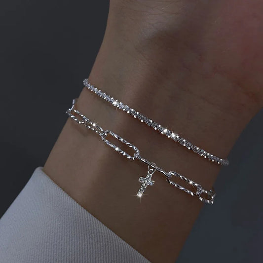 925 Sterling Silver Double Layer Cross Bracelet for Women, Exquisite Simple Bracelet, Fine Jewelry Accessories, New Fashion