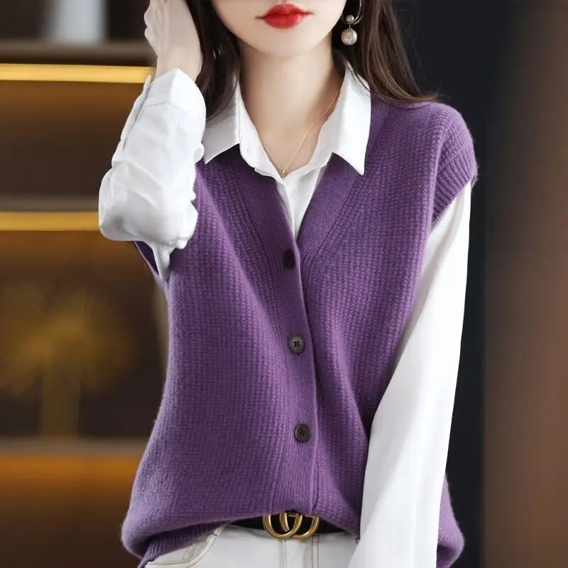 Autumn and Winter New V-neck Knitted Cardigan Tank Top Women's Korean Version Loose Versatile Casual Sleeveless Sweater