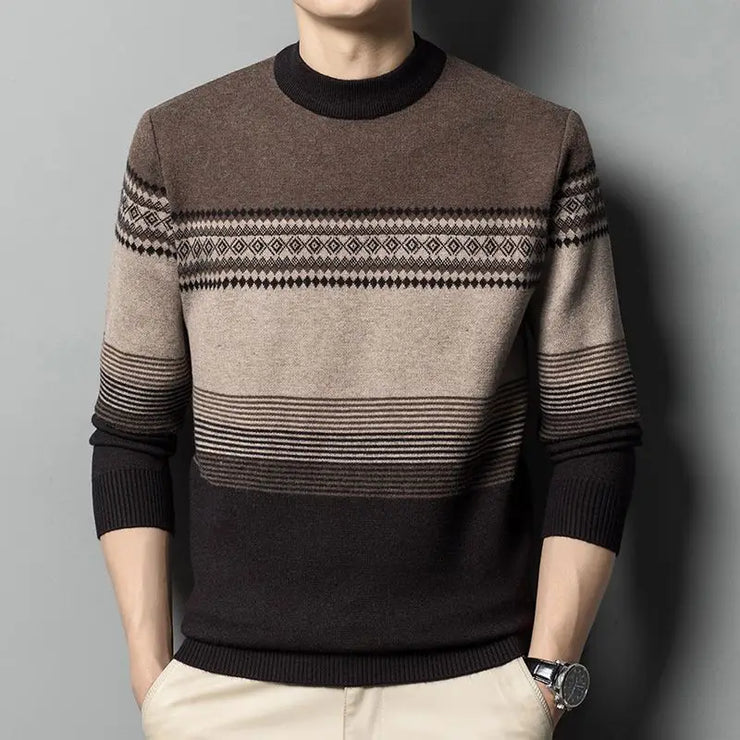 Autumn Winter Fashion High End Thickened Round Neck Sweater Men's Smart Casual Loose Versatile Patchwork Knitted Long Sleeve Top