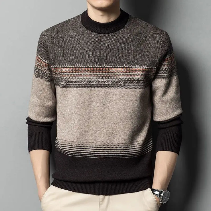 Autumn Winter Fashion High End Thickened Round Neck Sweater Men's Smart Casual Loose Versatile Patchwork Knitted Long Sleeve Top
