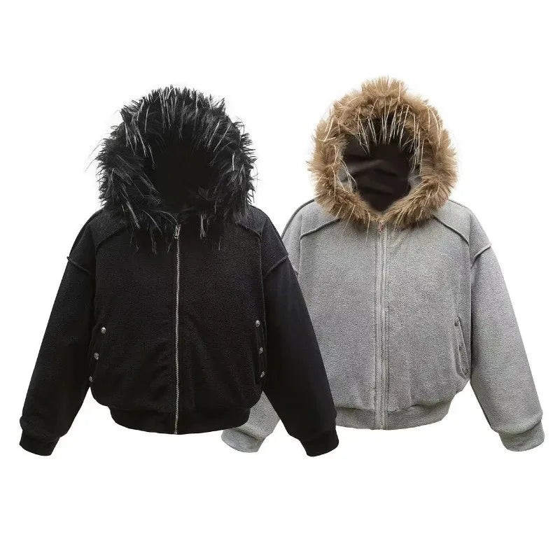 Ropa de calle de moda para hombre Y2k, sudadera informal cálida con cremallera, abrigo grueso holgado retro Harajuku, sudadera con cuello de piel para pareja gótica punk