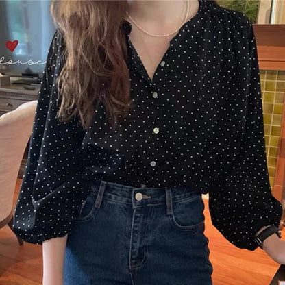 BL3061 Blusas y camisas elegantes de oficina para mujer, de moda, con botones y lunares de gran tamaño, estilo coreano, para primavera y verano, 2023