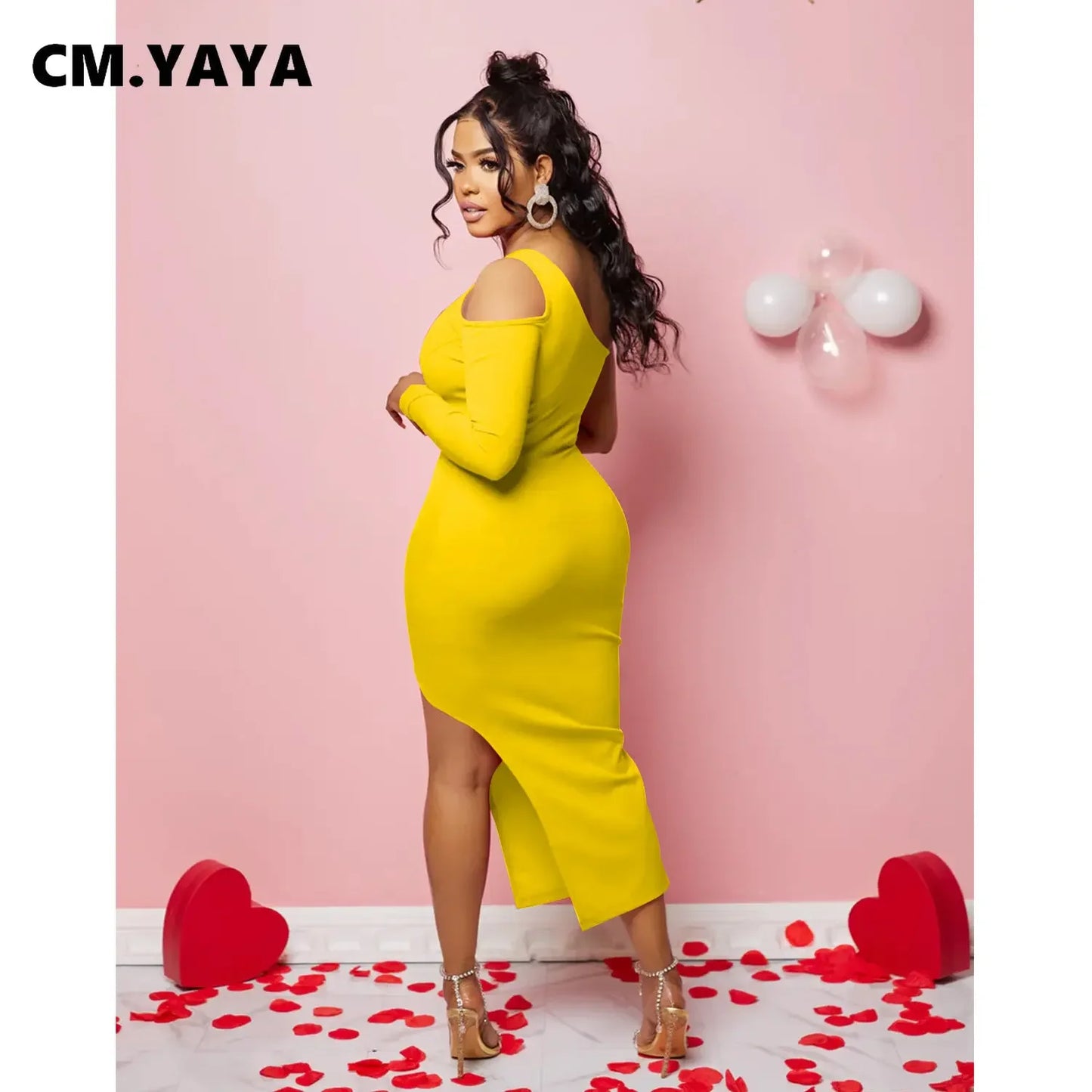 CM.YAYA Women Mesh Patchwork Cutout Shoulder One Long Sleeve Bodycon Midi Maxi Long Dress 2023 Club Evening Sexy Party Dresses