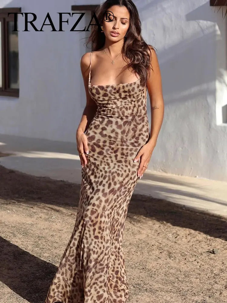 TRAFZA Femmes Mode Imprimé Léopard Robe En Tulle Sexy Dame Dos Nu Slip Robe Sans Manches Femme Soirée Robe Longue Vestidos