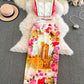 Fashion Summer Holiday Flower Two Piece Set Women Sexy Crops Tops Midi Skirts Suits 2pcs Outfits Long Pencil Skirts