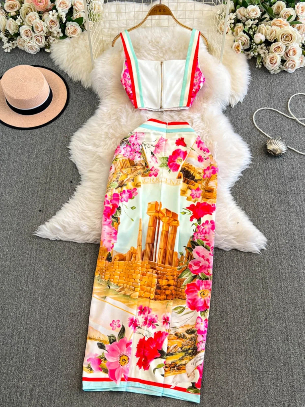 Fashion Summer Holiday Flower Two Piece Set Women Sexy Crops Tops Midi Skirts Suits 2pcs Outfits Long Pencil Skirts