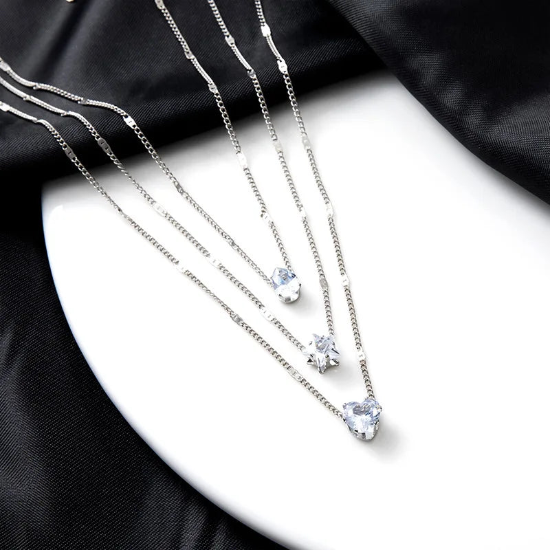 Fashion Crystal Zircon Heart Star Charm Layered Pendant Necklace Set for Women Charms Square Rhinestone Female Vintage Jewelry