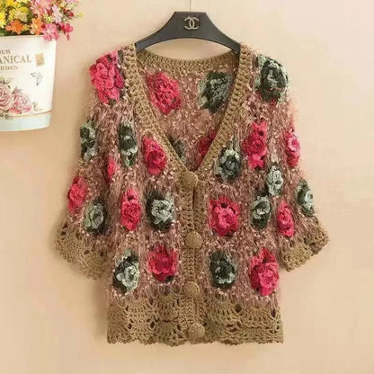 Suéter de ganchillo calado con flores tridimensionales para mujer, cárdigan de primavera y otoño, nuevo suéter Joker de la industria pesada, abrigo 3XL