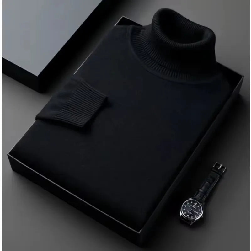 New Mens Long Sleeve Knitted Sweaters Solid Color Turtleneck Coats Slim Fit Pullover Men Clothing Lightweight Streetwear