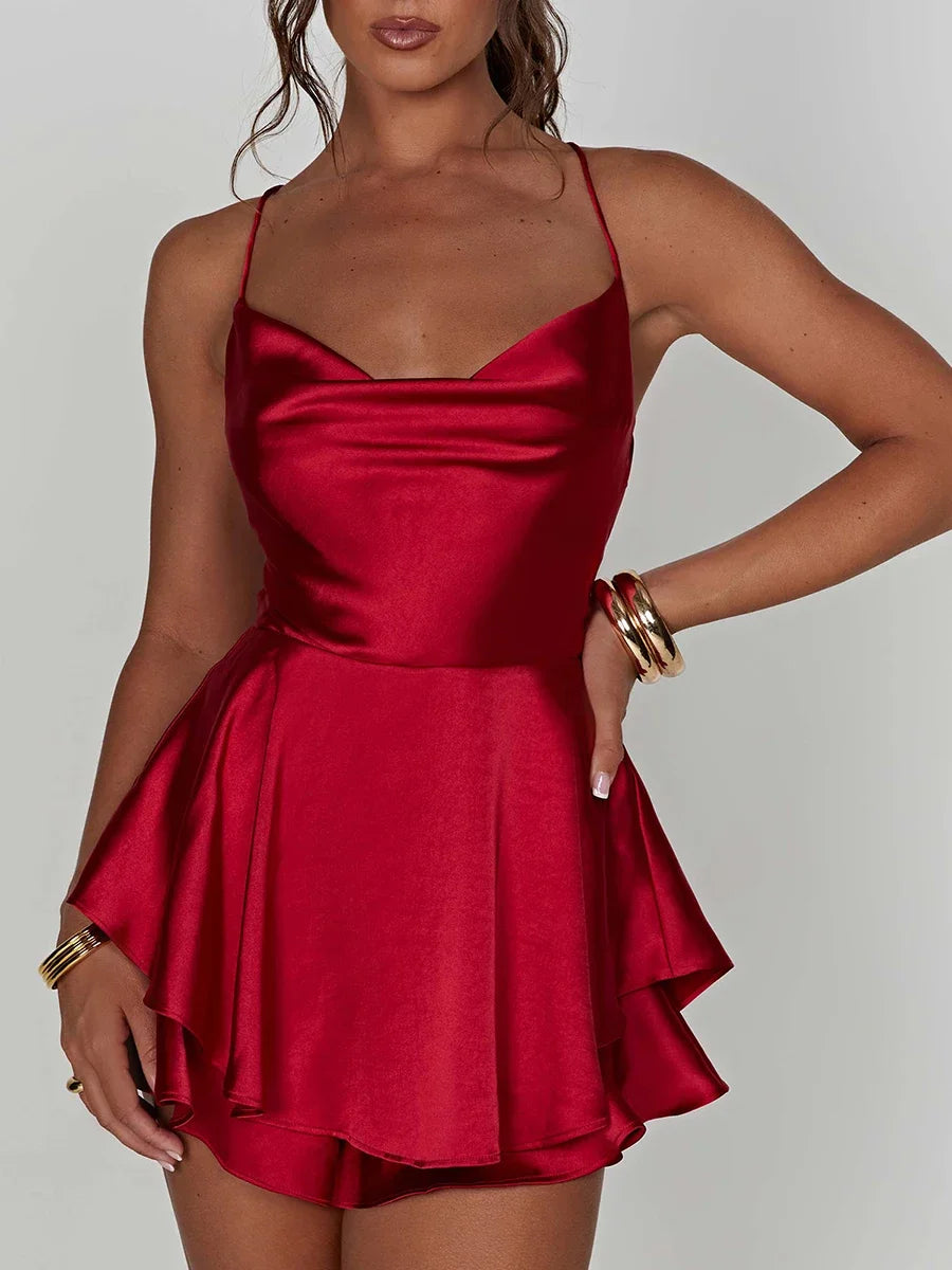 Women Tie-Up Romper Sling Backless Bandage Cross Jumpsuits Fashion Sleeveless Satin Playsuits Summer Streetwear Outerwear