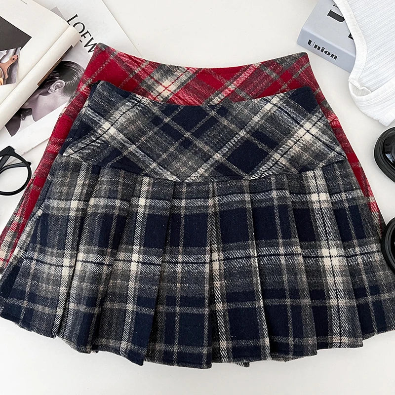 Fall Winter Plaid Pleated Skirt Womens Thick Woolen Red Tartan Mini Skirt Classic Saia Feminina Christmas Outfit
