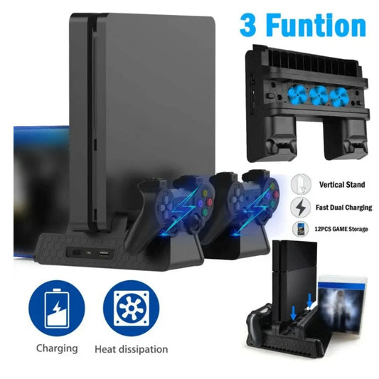 Support de refroidissement pour PS4 Slim Pro avec station de charge pour manette, poignée, station de charge avec emplacement pour disque et carte de jeu pour PlayStation 4