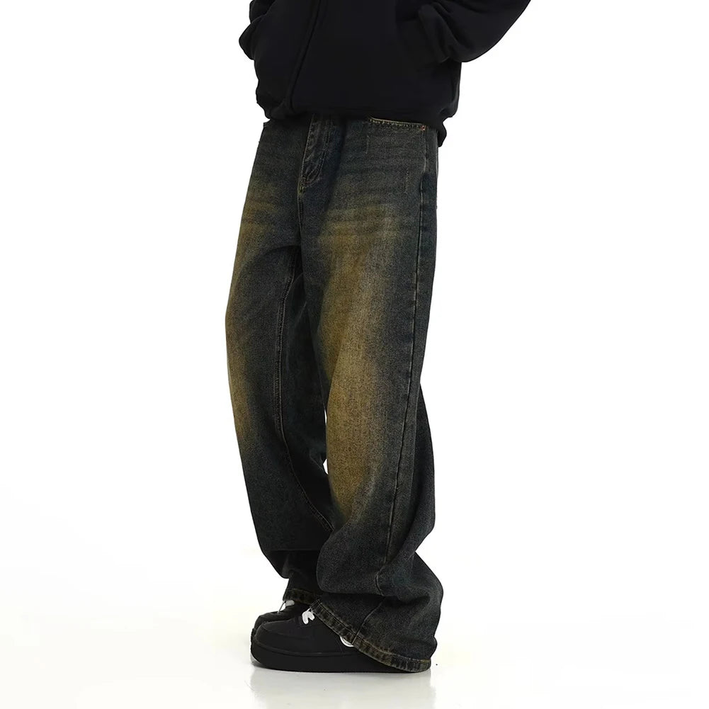 Male Jeans Mens Pants Regular Solid Color Straight Leg Pants Stylish Vintage Wash Baggy Y2k Fashion Streetwear
