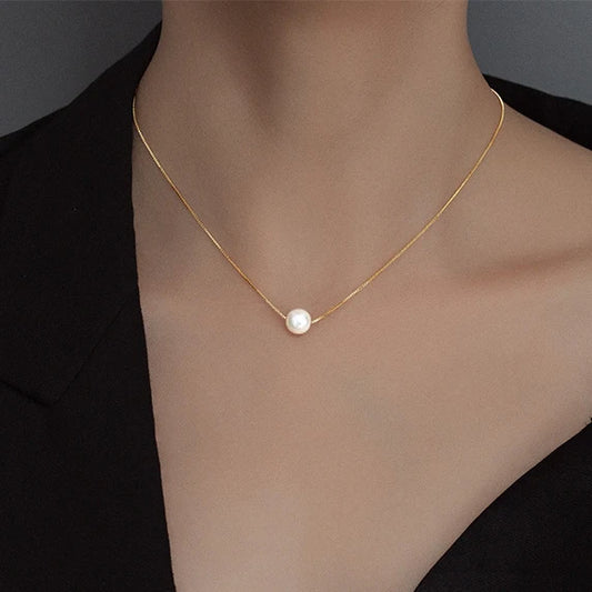 INZATT Real 925 Sterling Silver Round Bead Pearl Pendant Choker Necklace For Charm Women Fine Jewelry Minimalist Accessories