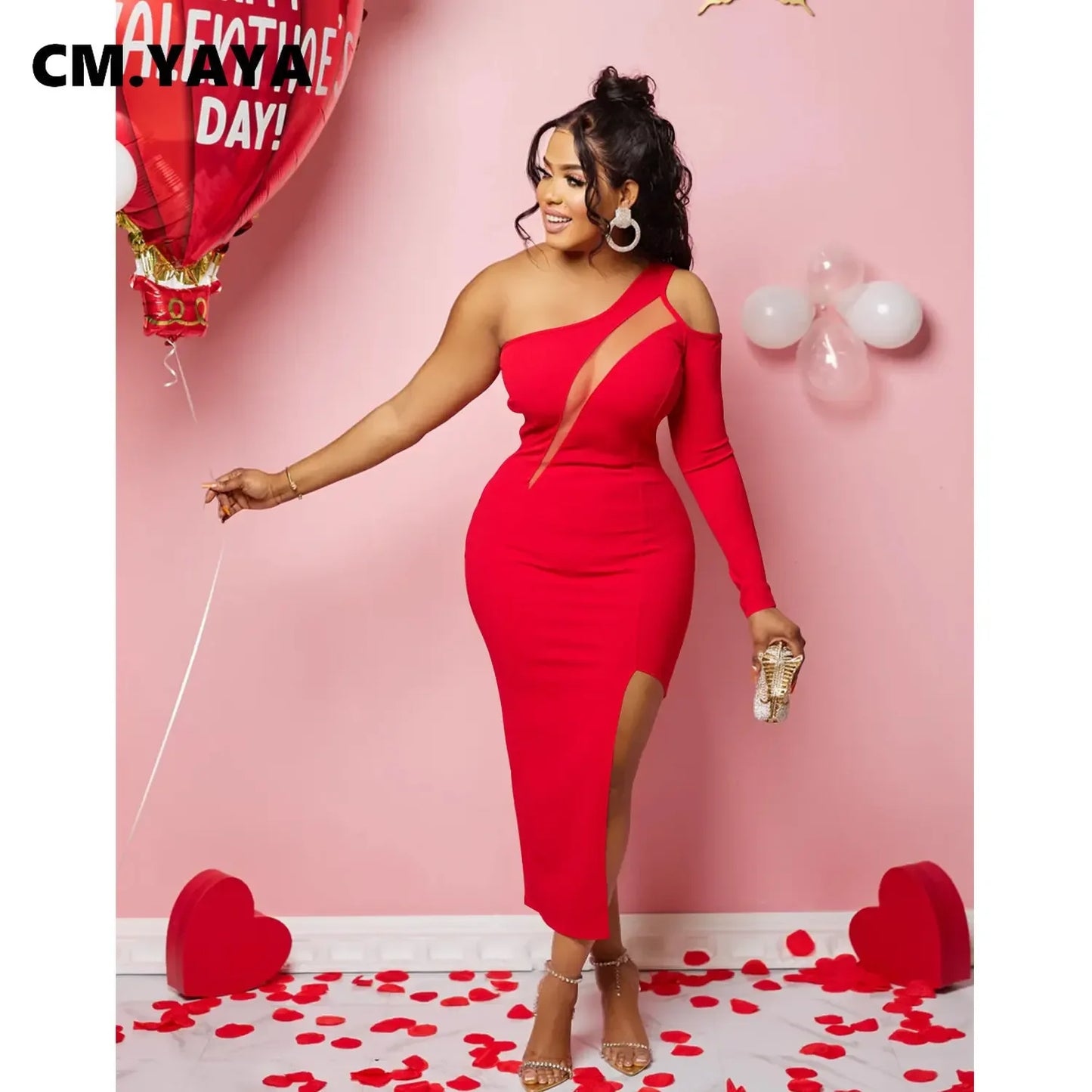 CM.YAYA Women Mesh Patchwork Cutout Shoulder One Long Sleeve Bodycon Midi Maxi Long Dress 2023 Club Evening Sexy Party Dresses