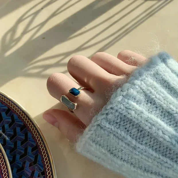 925 Sterling Silver Blue Stone Rings For Women Simple Trendy Retro Party Gifts Accessories