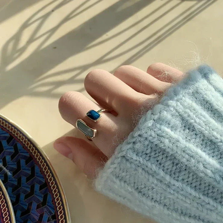 925 Sterling Silver Blue Stone Rings For Women Simple Trendy Retro Party Gifts Accessories