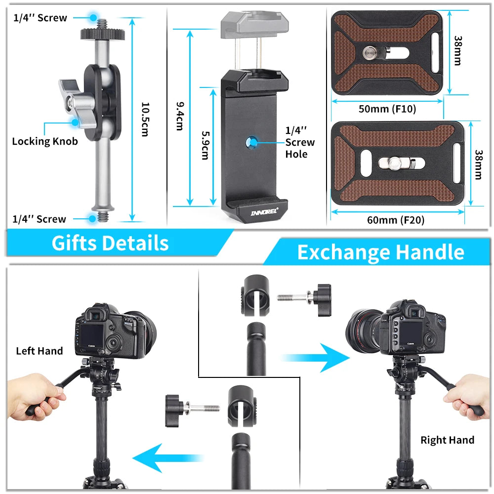 INNOREL F10/F20 Mini Tripod Fluid Head Tilt Head,Metal Camera Video Tripod Head with Arca Swiss Q.R.Plates for Video DSLR Camera