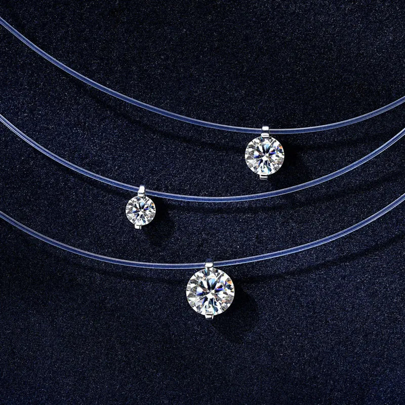 2025 New 2CT 8MM Round Moissanite Pendant Necklace Silver 925 Invisible Fishing Line Chain Necklaces for Women 0.5CT 1CT Diamond