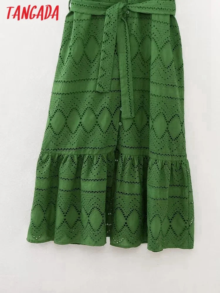Tangada 2023 Summer Women Green Hollow Embroidery Dress With Slash Short Sleeve Female Vintage Midi Dress 6H410