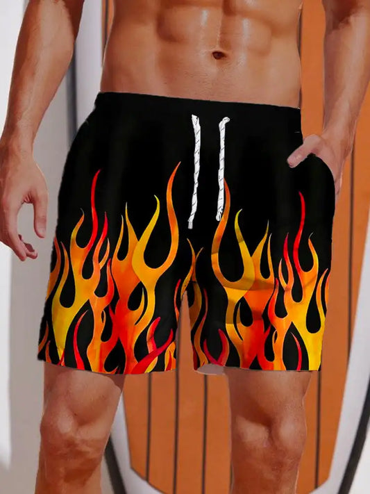 Short hawaïen à rayures et imprimé flammes en 3D pour homme, short de bain respirant avec cordon de serrage, été 2024