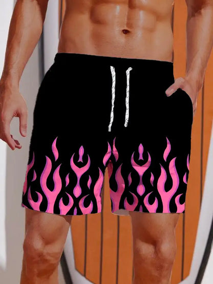 Pantalones cortos de verano 2024 con estampado 3D de rayas y llamas para hombre, bañadores hawaianos cortos transpirables con cordón ajustable