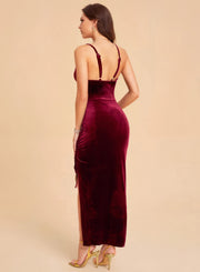 Sexy slim summer women's side slit drawstring velvet suspender dress party dress