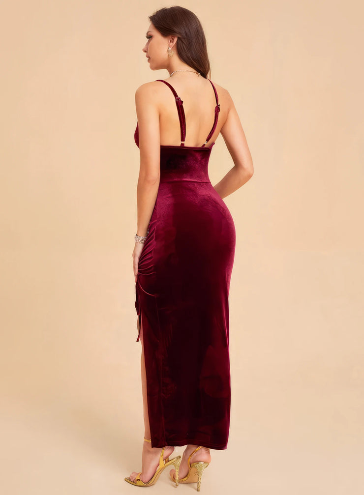 Sexy slim summer women's side slit drawstring velvet suspender dress party dress