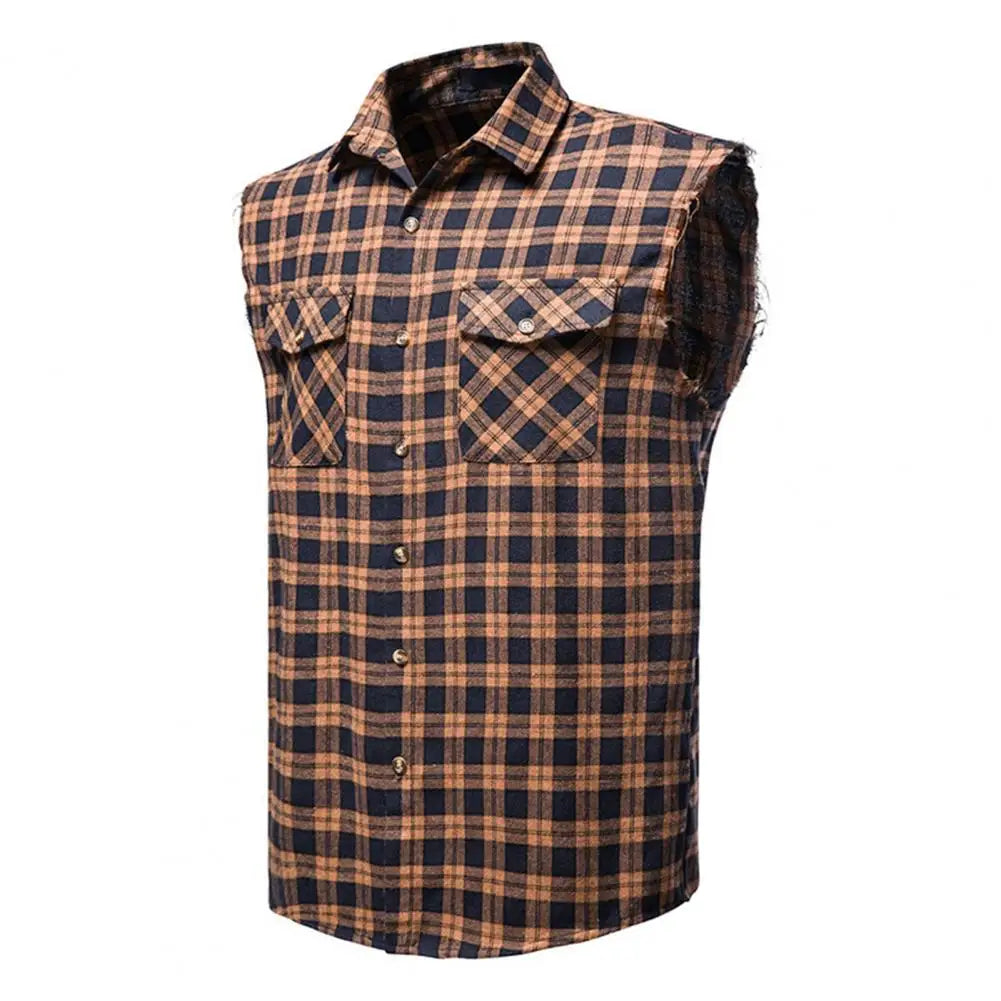 Gilet à revers sans manches pour homme, poches à rabat, simple boutonnage, coupe 3D, imprimé écossais, streetwear