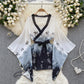 Spring Summer Sexy Lace Mesh Classical Metal Buckle With Hairball Jumpsuit Single-Breasted Eastern Style Stand Collar Bodysuit
