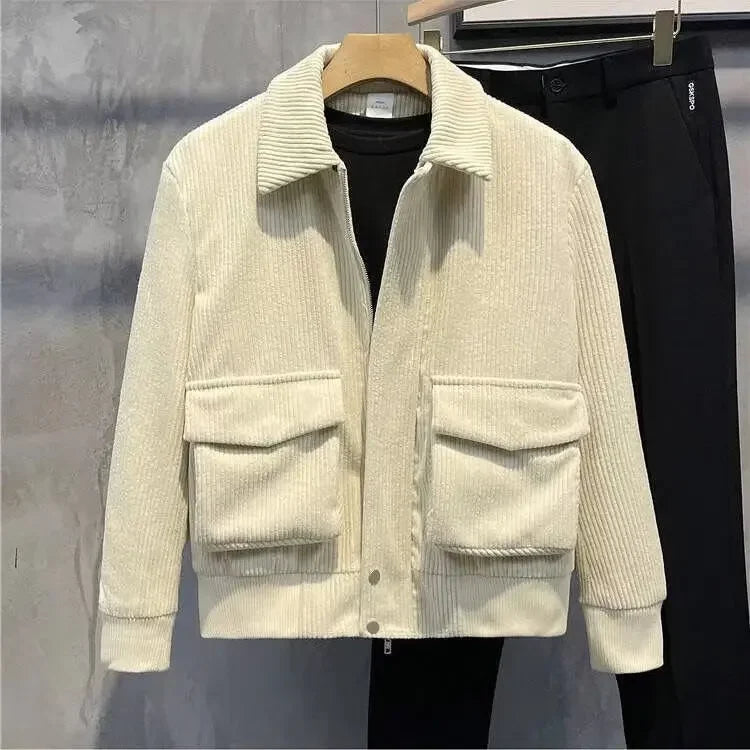 Men's Solid Color Warm Lapel Corduroy Cropped Top Casual Trendy Jacket Korean Style Loose Fit Large Pocket