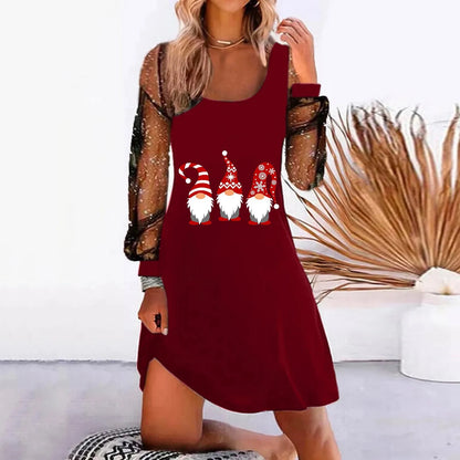 Winter Classic Dresses Women'S Christmas Gifts Square Neck Dress Mesh Spliced Sleeve Loose Fitting Vestidos For Women Trendy
