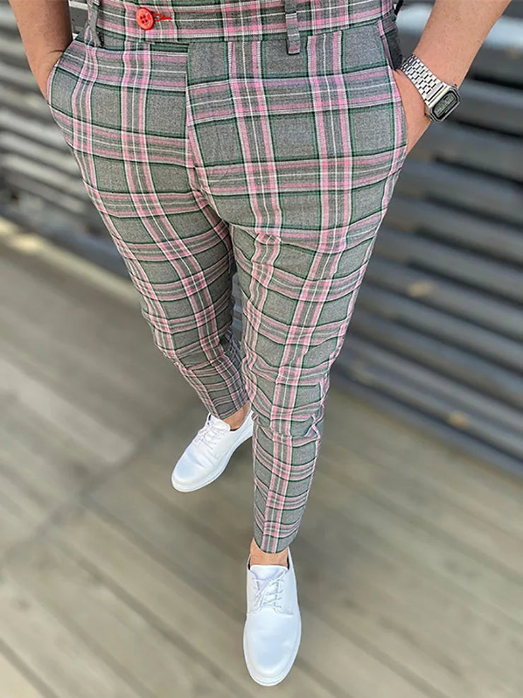 Business Men Office Classic Stripe Print Slim Pants England Style Casual Pockets Trousers New Streetwear Gentleman Pencil Pants
