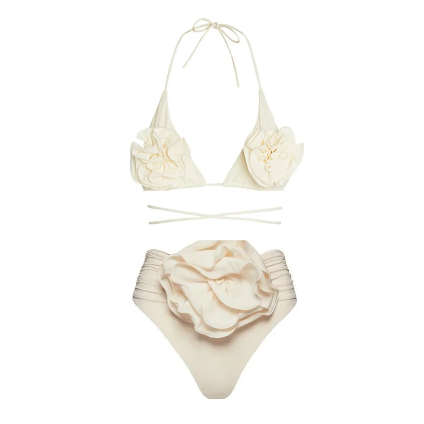 Women's Solid Color Bikini Set Hanging Neck Chest Flower Decoration Crisscross Bandage Swimwear Summer High Waist Bathing Suit