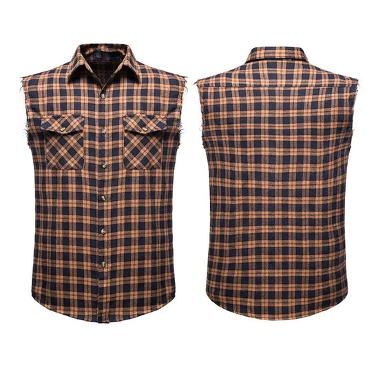 Men Vest Lapel Sleeveless Flap Pockets Single-breasted Shirt Vest 3D Cutting Men Plaid Print Waistcoat Jacket Vest Streetwear
