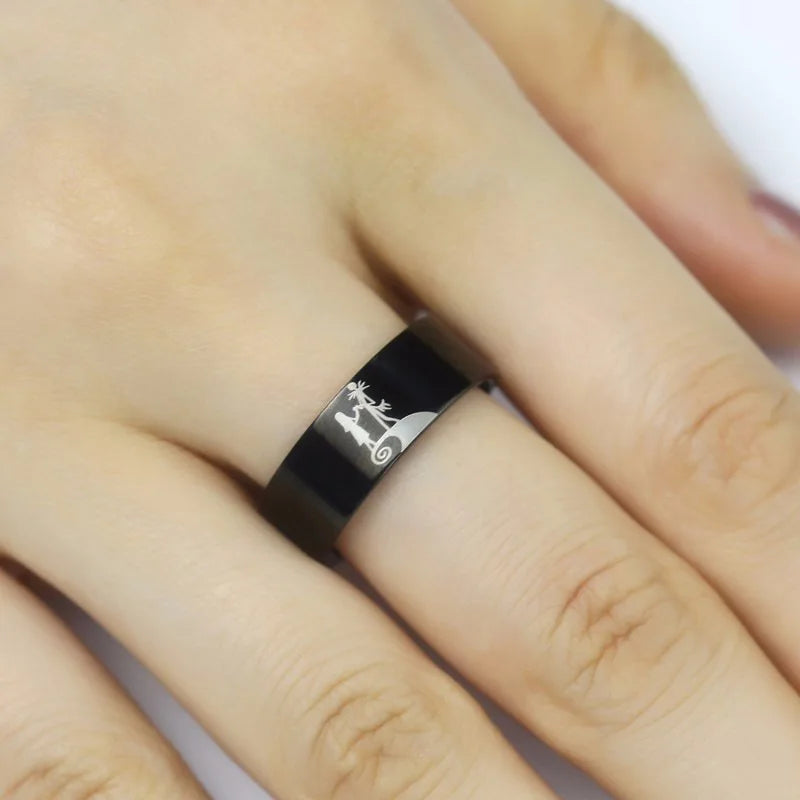 Stainless Steel Couple Rings Halloween Jack and Sally Lover's Rings Engagement Wedding Ring for Men Women Party Jewelry