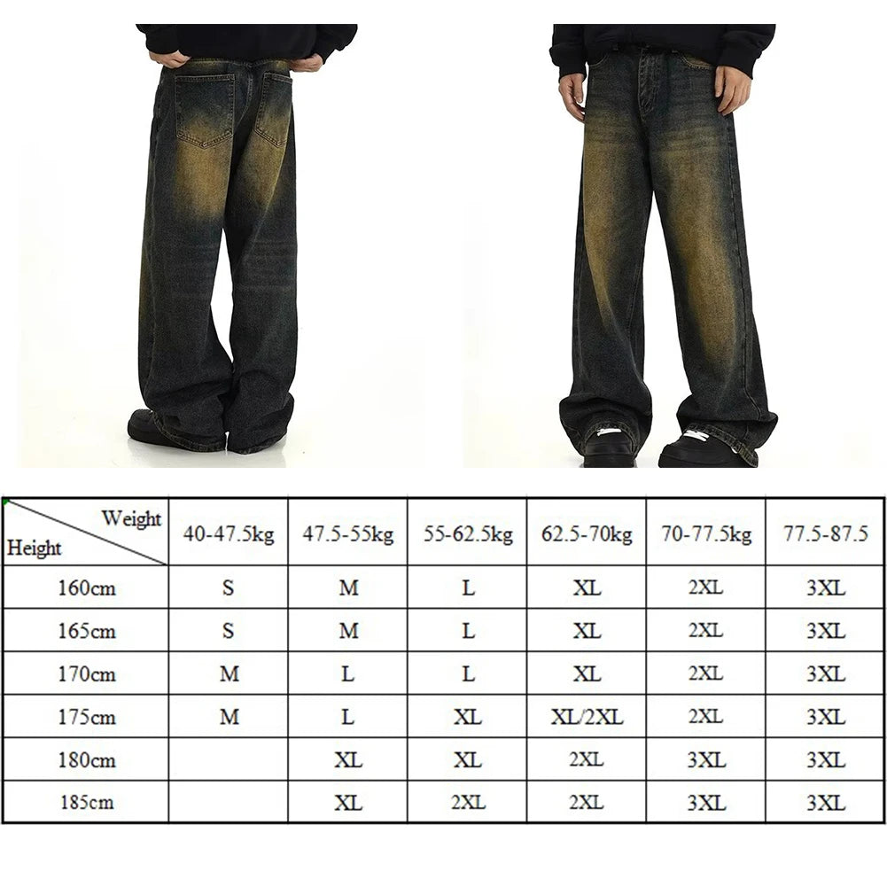 Male Jeans Mens Pants Regular Solid Color Straight Leg Pants Stylish Vintage Wash Baggy Y2k Fashion Streetwear