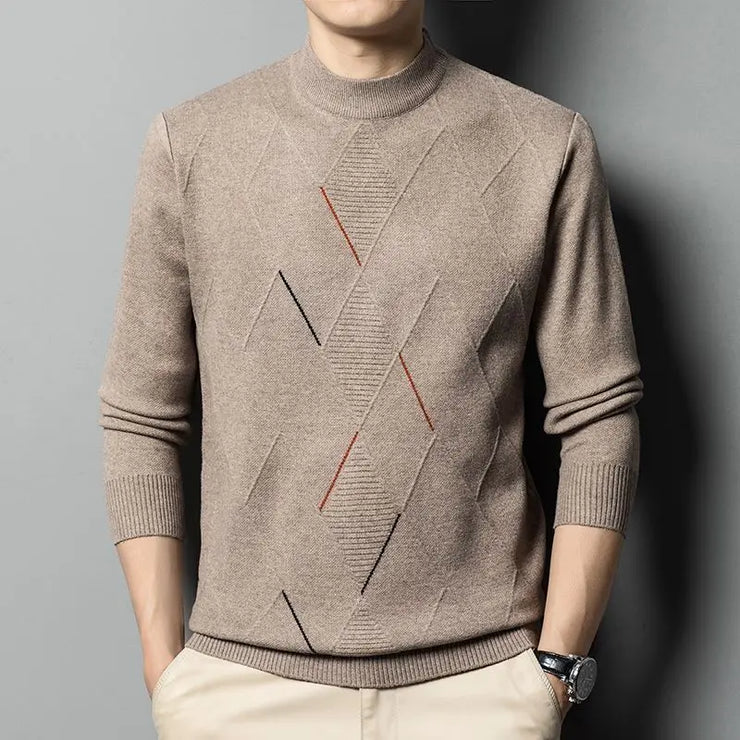 Autumn Winter Fashion High End Thickened Round Neck Sweater Men's Smart Casual Loose Versatile Patchwork Knitted Long Sleeve Top