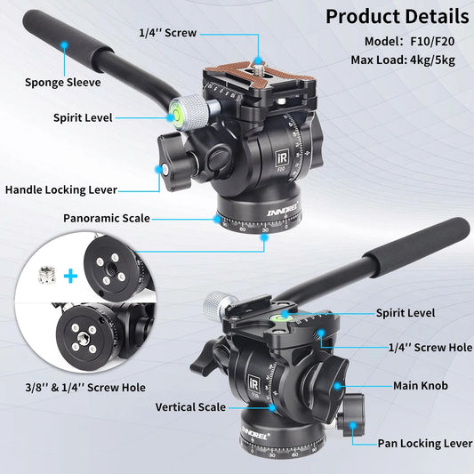 Mini trípode INNOREL F10/F20 con cabezal fluido e inclinación, cabezal de trípode metálico para cámara de vídeo con placas QR Arca Swiss para cámara DSLR de vídeo.