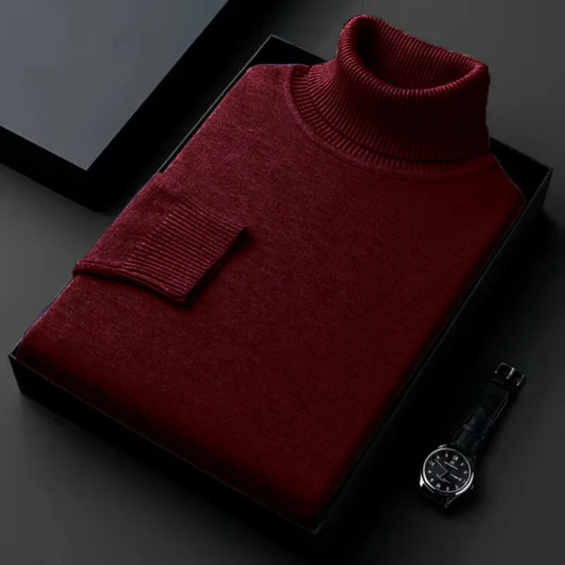 New Mens Long Sleeve Knitted Sweaters Solid Color Turtleneck Coats Slim Fit Pullover Men Clothing Lightweight Streetwear
