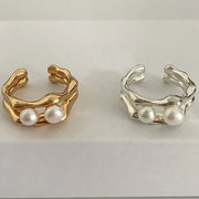Foxanry Silver Color Pearl Rings for Women New Fashion Simple Double-layered Geometric Handmade Party Jewelry Gifts серьга