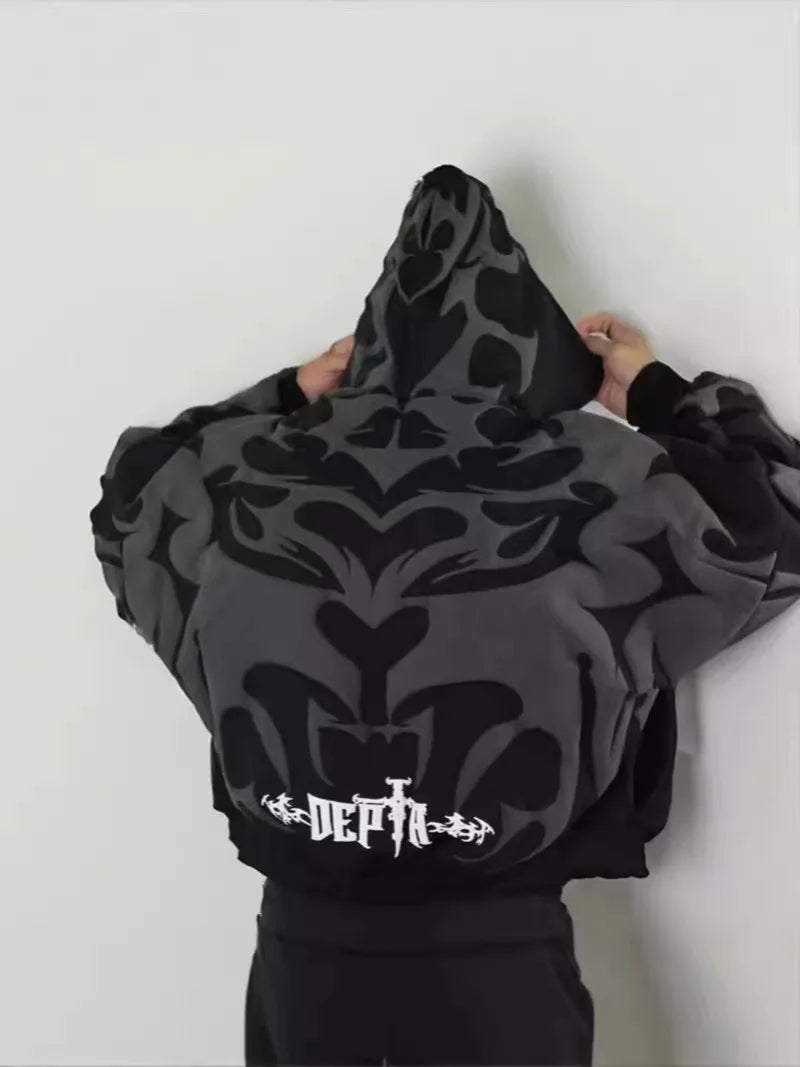 American fashion brand dark style pattern oversized hoodie men's Y2K street hip-hop Harajuku loose zipper sweatshirt women's