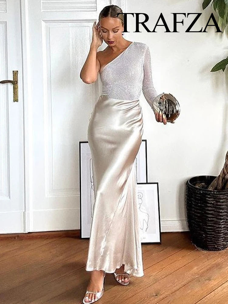 TRAFZA Women Fashion Skirts New Solid Satin Silk Texture Tight Skirt Woman Beach Style Chic And Elegant Women's Mermaid Skirt