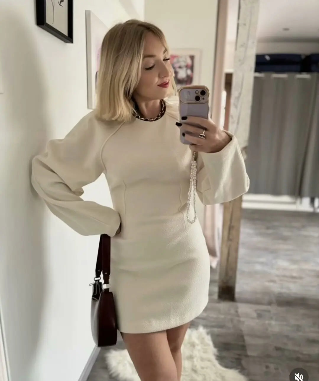 European and American style autumn and winter new round neck bubble long sleeve slim hip dress female fashion all-match casual d