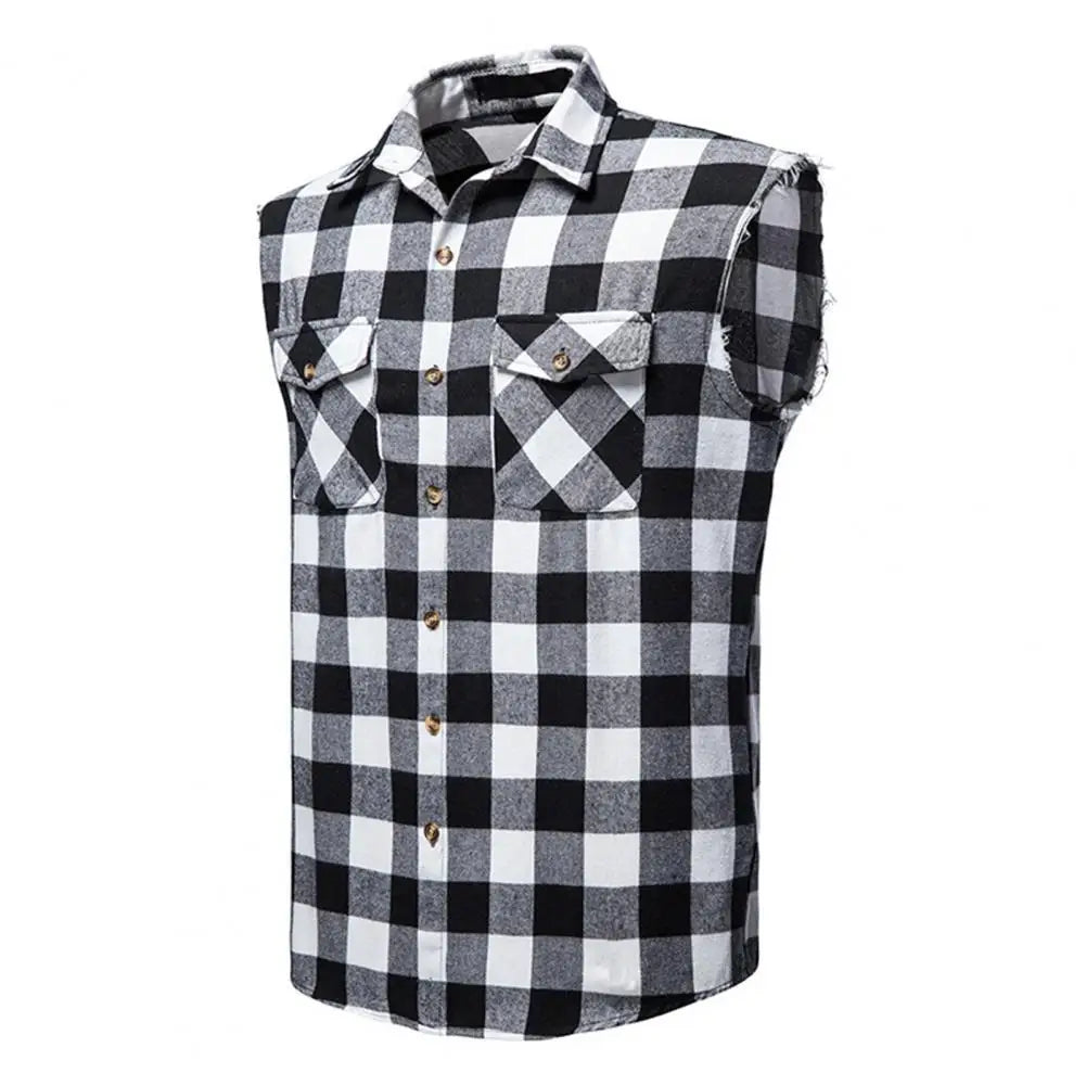 Gilet à revers sans manches pour homme, poches à rabat, simple boutonnage, coupe 3D, imprimé écossais, streetwear